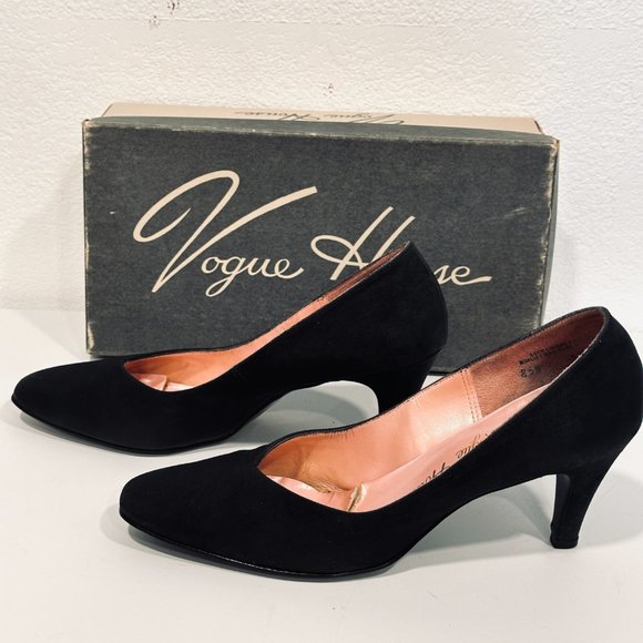 Vintage 50s VOGUE HOUSE Heels Pumps Shoe Black Textured Fabric with Box Sz 8.5 N - Picture 2 of 13